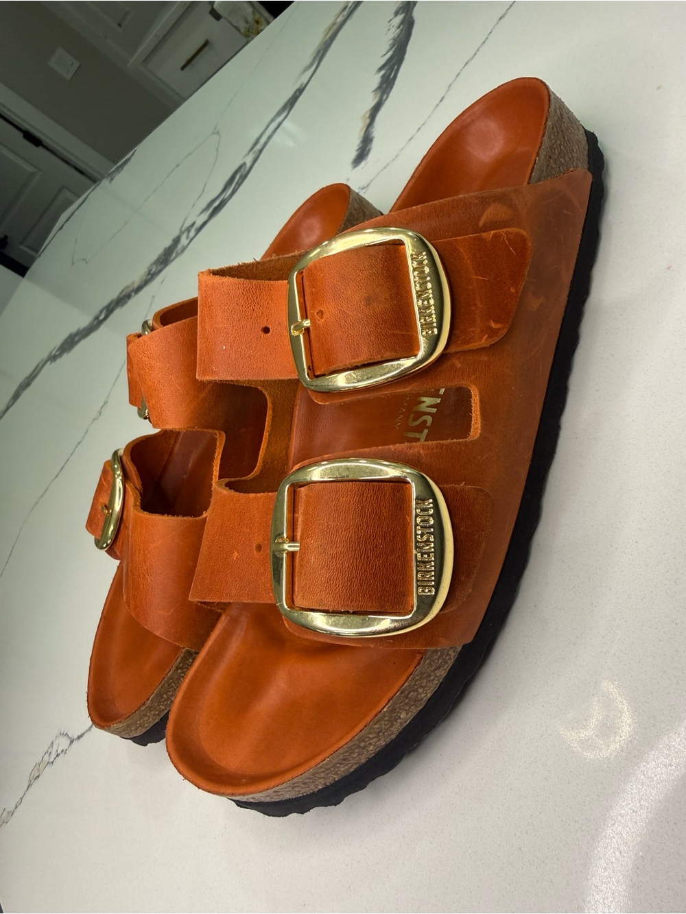 Birkenstock Arizona Big Buckle Orange Leather Slide Sandals EU 38 US 7